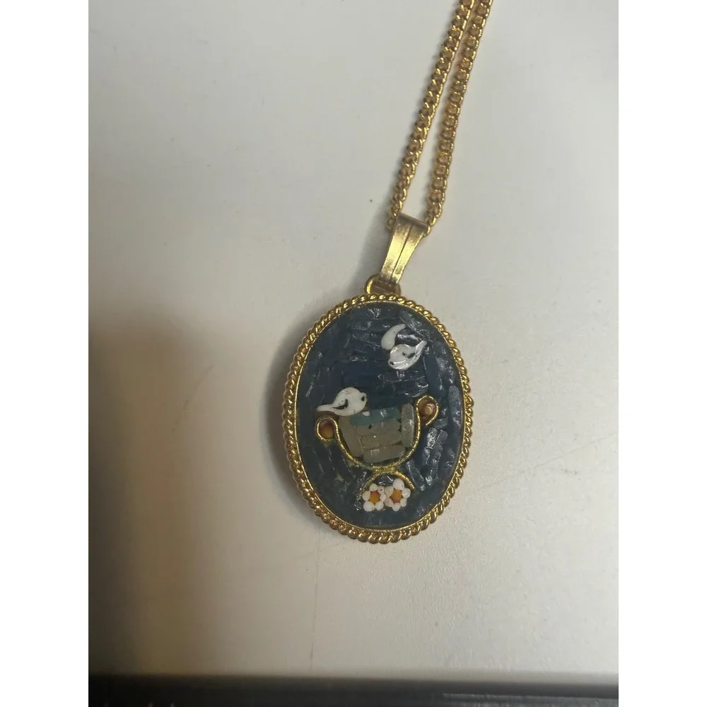 Vintage Italy Micro Mosaic Dove Fountain Pendant Necklace Gold Tone Blue Oval